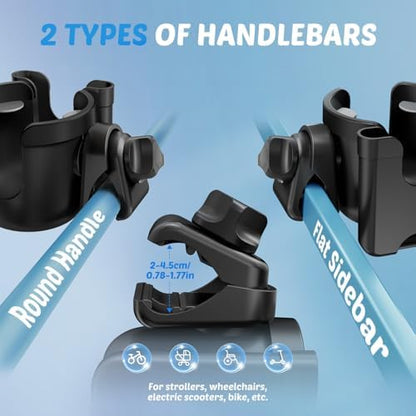 Guiseapue 2 Packs Cup Holder for Walker: Stroller Cup Holder Attachment with Phone Holder, Wheelchair/Stroller Accessories for Uppababy, Nuna, Doona, Bike, Scooter, Baby Travel Essential