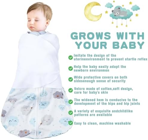 Newborn Sleep Sack Baby Swaddle,3-6 Months,3-Way Adjustable Wearable Blanket,100% Rayon Cotton Swaddling Sleeping Bag，TOG 0.5（Clouds&Starry Sky）