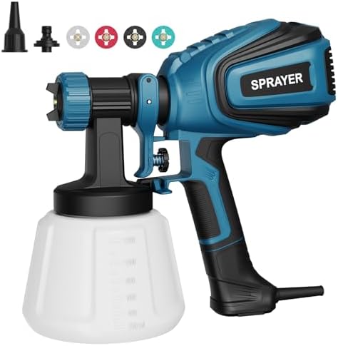 Paint Sprayer, 700W HVLP Spray Gun with Cleaning & Blowing Joints, 4 Nozzles and 3 Patterns, Easy to Clean, for Furniture, Cabinets, Fence, Walls, Door, Garden Chairs etc. VF803 Blue