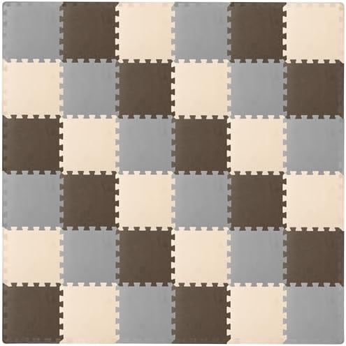 ProSource Foam Puzzle Floor Play Mat for Kids and Babies with Solid Colors, 36 or 16 Interlocking Tiles with Borders, Brown/Beige/Grey