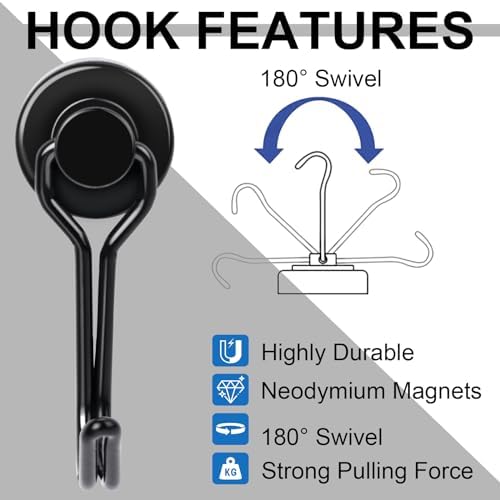 E BAVITE Swivel Swing Black Magnetic Hooks,30LBS Powerful Strong Neodymium Rare Earth Magnet Hook. Perfect for Refrigerator, Kitchen and Other Surfaces, Pack of 50