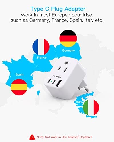 European Plug Adapter, HANYCONY International Power Adapter, US to Europe Adapter Plug 2 Outlets 3 USB Ports(2 USB C), Type C Plug Adapter to Italy Spain France Portugal Iceland Germany