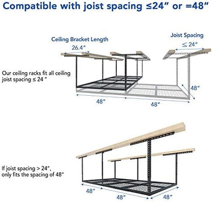 FLEXIMOUNTS 4x8 Overhead Garage Storage Rack, Adjustable Garage Storage Organization Systerm, Heavy Duty Metal Garage Ceiling Storage Racks, 600lbs Weight Capacity, Black