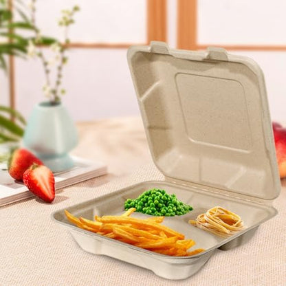 Aricsen Compostable 100 Pack 8x8 Inch 3 Compartment Takeout Lunch Box Containers with Lid To Go Take Out Clamshell for Food, Disposable Eco-Friendly Biodegradable Bagasse, PFAS-Free, Unbleached Brown