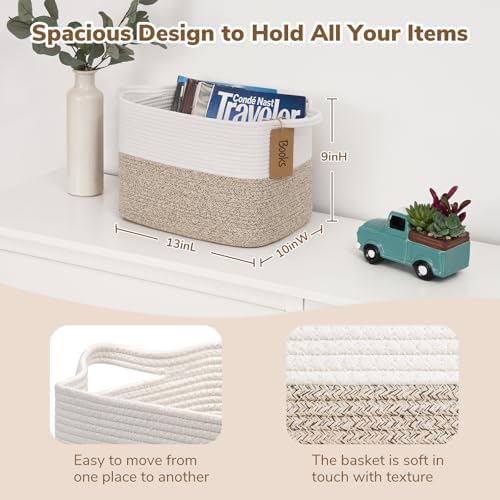 Goodpick Woven Storage Basket, Cotton Rope Basket for Dog Toys, Books, Stylish Gift Basket with Handles, 13 x 10 x 9 Inches Square Baskets for Organizing, Brown and White