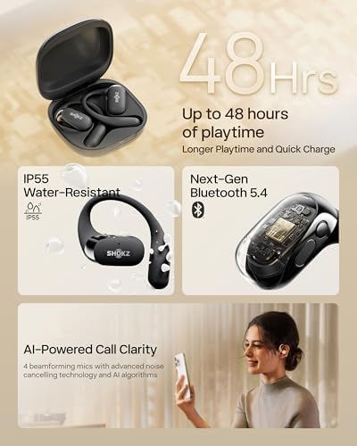 SHOKZ New OpenFit 2 Open-Ear Headphones, True Wireless Bluetooth Earphones with Microphone, Earhook Earbuds with 48 Hours of Playtime, Fast Charging, IP55 Water-Resistant, with Carrying Bag, Black