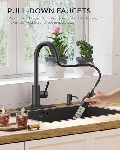 FORIOUS Black Kitchen Faucet with Soap Dispenser and Pull Down Sprayer, Bar High Arc Single Handle Classic 3 Modes Stainless Steel Faucet for Kitchen Sink Farmhouse RV Laundry Camper