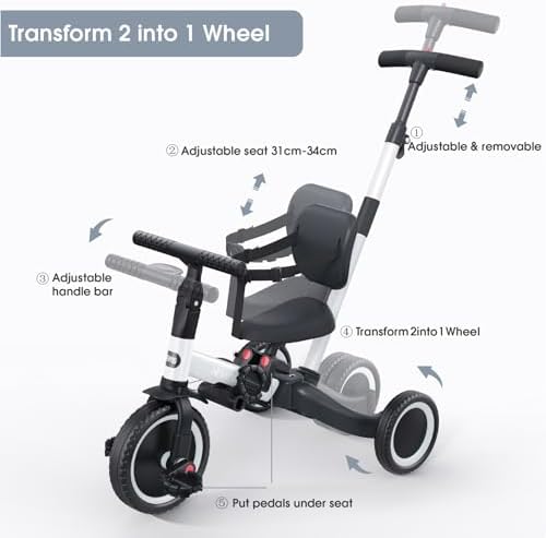 newyoo Toddler Bike, 4 in 1 Tricycles for 1,2,3 Year Olds, Balance Bike, Birthday Gift and Toy for Boys and Girls, Kids Tricycle with Parent Steering Push Handle, Removable Pedals, White, TR007
