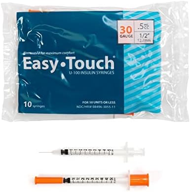 Easy Touch U-100 Insulin Syringe with Needle, 30G 0.5cc 1/2-Inch (12.7mm), Box of 100
