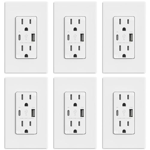 ELEGRP USB Outlets, 15 Amp Wall Outlet with USB Ports, 21W USB Outlets Receptacles with Type A & Type C Ports, Tamper Resistant Receptacle, Wall Plate Included, Ul Listed (6 Pack, Matte White)