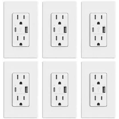 ELEGRP USB Outlets, 15 Amp Wall Outlet with USB Ports, 21W USB Outlets Receptacles with Type A & Type C Ports, Tamper Resistant Receptacle, Wall Plate Included, Ul Listed (6 Pack, Matte White)
