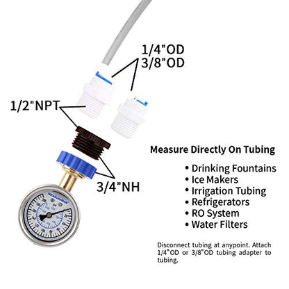 MEASUREMAN 2-1/2" Water Pressure Gauge Kit 6 Parts Kit, Lead-Free Brass, 2-1/2" dial, 0-200 Psi，Glycerin Filled,3/4" Hose Thread, Plus 5 Adapters