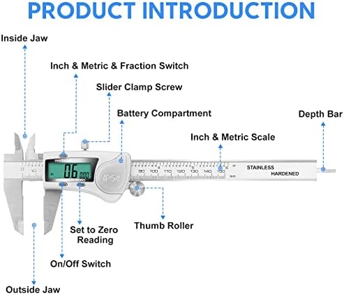 Digital Caliper Measuring Tool, IP54 Waterproof Electronic Micrometer Caliper, Stainlee Steel Vernier Caliper with Large LCD Screen, Inch Metric Fraction Conversion, 6 Inch for Household/DIY