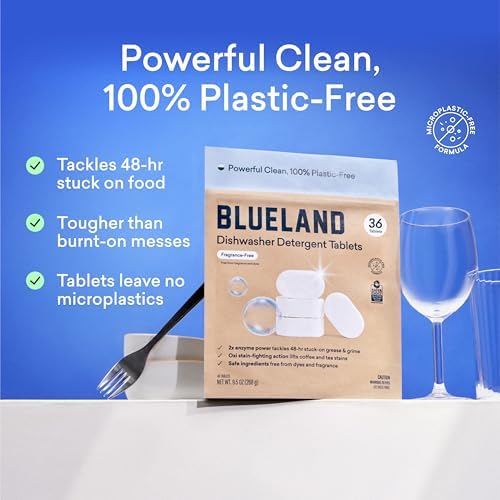 BLUELAND 100% Plastic-Free Dishwasher Detergent Tablets, 36 Count, Free & Clear, Eco-Friendly Dishwashing Pods, Natural, Sustainable