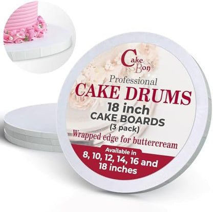 Cakebon Cake Boards - Sturdy 1/2 Thick Drums - 18 Inch Professional Fully Wrapped Edges White 3-Pack