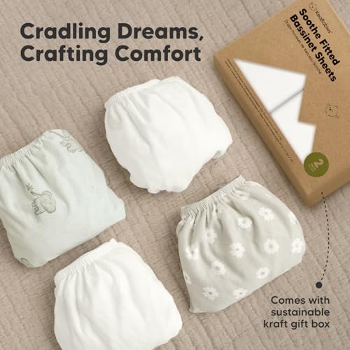 2-Pack Organic Bassinet Sheets for Girls, Boys - 100% Cotton Bassinet Mattress Sheets Compatible with Halo Bassinest Swivel Sleeper,Graco,Baby Delight,Chicco,Unisex Fitted Bassinet Sheets(Soft White)