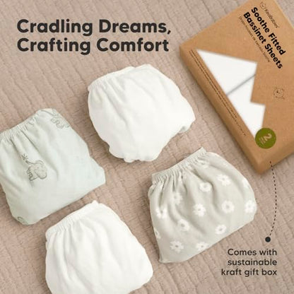 2-Pack Organic Bassinet Sheets for Girls, Boys - 100% Cotton Bassinet Mattress Sheets Compatible with Halo Bassinest Swivel Sleeper,Graco,Baby Delight,Chicco,Unisex Fitted Bassinet Sheets(Soft White)