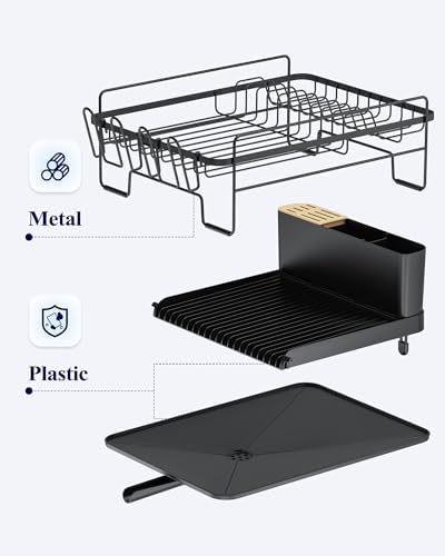 Kitsure Large Dish Drying Rack - Extendable Dish Rack, Multifunctional Dish Rack for Kitchen Counter, Anti-Rust Dish Drainers with Cutlery & Cup Holders 19.2"-26.7" L x 12.9" W, Black