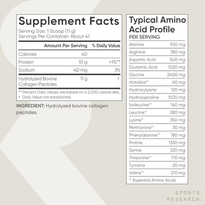 Sports Research Collagen Peptides for Women & Men, Unflavored, 16 oz., Hydrolyzed Type 1 & 3 Collagen Powder Protein Supplement for Healthy Skin, Nails, Bones & Joints
