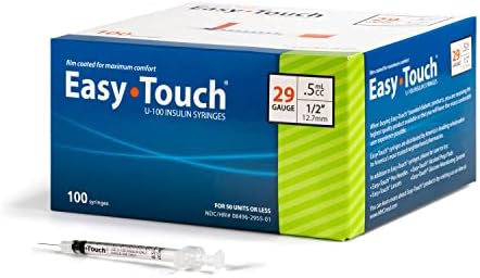 Easy Touch U-100 Insulin Syringe with Needle, 29G 0.5cc 1/2-Inch (12.7mm), Box of 100
