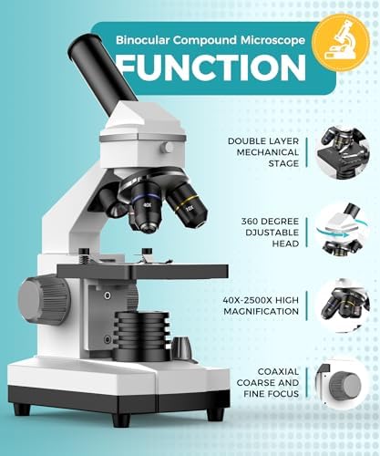 Professional Compound Microscopes for Adults, Kids 8-12 & Students | 2000X Magnification Lab & Home Microscope with Phone Adapter, Complete Slides Set (Gray White)