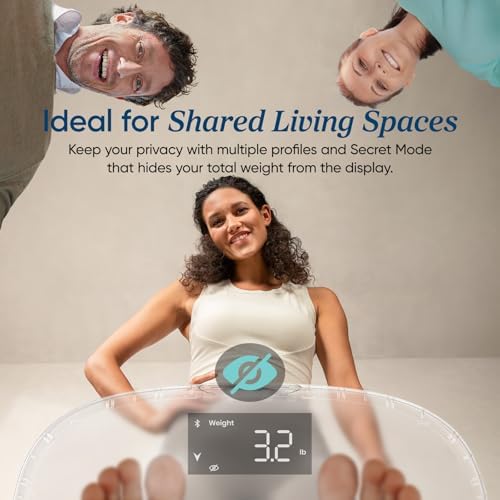 Etekcity Smart Rechargeable Scale for Body Weight, BMI, Fat, Muscle Mass, Digital Bathroom Scale with 13 Metrics, Secret Mode, Bluetooth Connect to Free Apps, Stealth Black