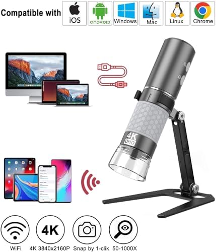 WiFi USB Digital Handheld Microscope, 50 to 1000x Wireless Magnification Endoscope 4K 3840x2160P Camera 8 LEDs with Metal Stand for iPhone iPad Android Mac Windows Linux Chrome