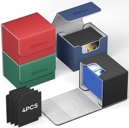 Mlikero 4 Pack Card Deck Box, Commander Deck Box Holds 400+ Double-Sleeved Cards with 4 Dividers, Leather Magnetic Closure Card Box Fit for MTG, TCG (4 Colors)
