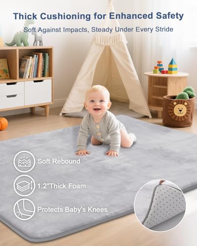 Thick Baby Play Mat for Floor,50 x 50 Playpen Mat,Tummy Time Foam Mat,Ultra Soft Support & Plush Feel,Easy Care with Non-Slip Cushioned for Infant,Kids and Toddler Crawling,Grey