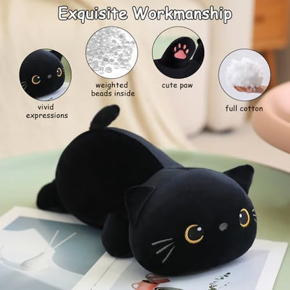 SQEQE Weighted Black Cat Plush, Weighted Black Cat Stuffed Animal, Cute Plushies Soft Pillow Toy Gift for Kids Adults 13.8 Inch, 1.6 Lbs