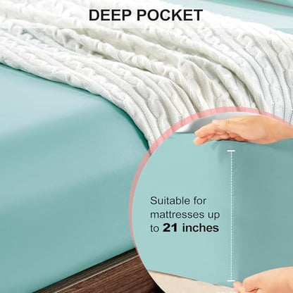 FreshCulture King Fitted Sheet Only - Hotel Quality Ultra Soft & Breathable Brushed Microfiber Fitted Sheet with 21 Inch Deep Pockets - Fits King Size Bed (Spa Blue)