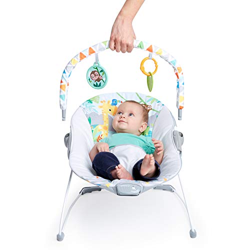 Bright Starts Baby Bouncer Soothing Vibrations Infant Seat - Removable -Toy Bar, Nonslip Feet, 0-6 Months Up to 20 lbs (Safari Fun)