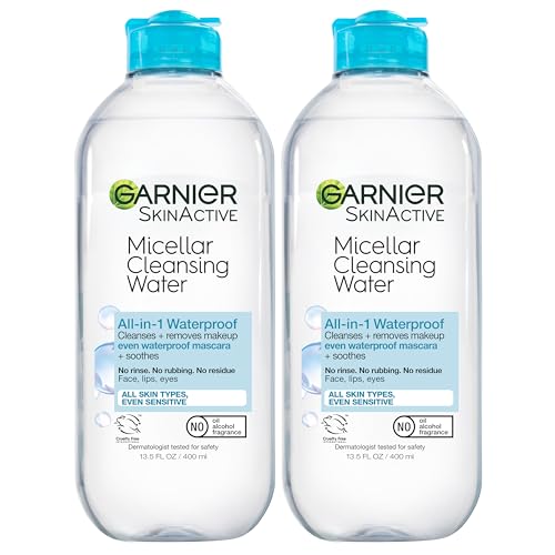 Garnier Micellar Water for Waterproof Makeup, Hydrating Facial Cleanser & Makeup Remover, Suitable for Sensitive Skin, Vegan, Cruelty Free, 13.5 Fl Oz (400mL), 2 Count