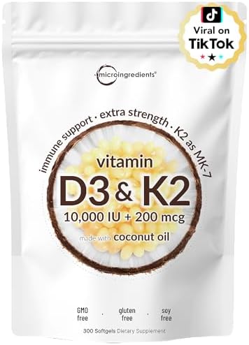 Micro Ingredients Vitamin D3 10,000 IU + K2 MK-7 200 mcg, 300 Softgels | Virgin Coconut Oil | 2-in-1 Bone, Immune & Heart Support | Easy to Swallow, Non-GMO