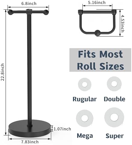 Toilet Paper Holder Stand, Modern Bathroom Free Standing Toilet Paper Roll Holder, Stainless Steel Tissue Rack, Rust-Proof & Heavy Stable Base (Matte Black)