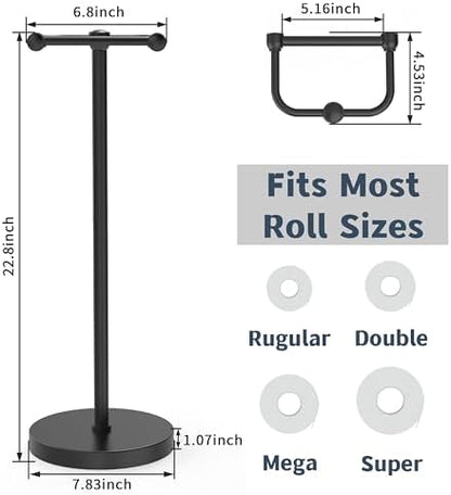 Toilet Paper Holder Stand, Modern Bathroom Free Standing Toilet Paper Roll Holder, Stainless Steel Tissue Rack, Rust-Proof & Heavy Stable Base (Matte Black)