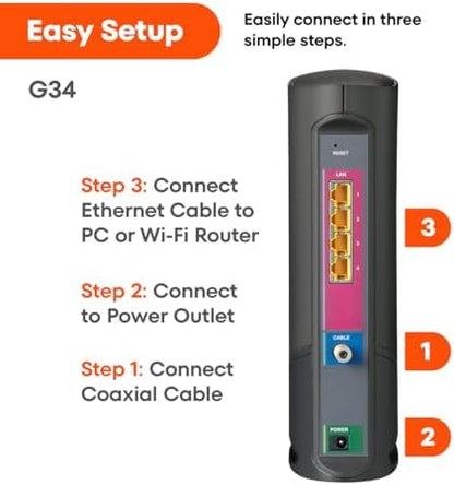 ARRIS (G34) - Cable Modem Router Combo - Fast DOCSIS 3.1 Gigabit WiFi 6 (AX3000), Approved for Comcast Xfinity, Cox, Spectrum & More, 1 Gbps Max Internet Speeds