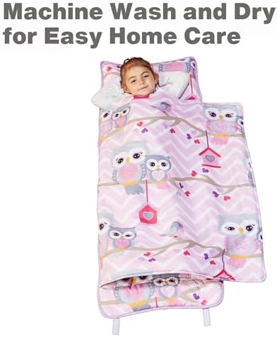 EVERYDAY KIDS Nap Mat with Removable Pillow - Sweet Owls - Carry Handle with Straps Closure, Rollup Design, Soft Microfiber for Preschool, Daycare, Travel Sleeping Bag - Ages 3-6 Years