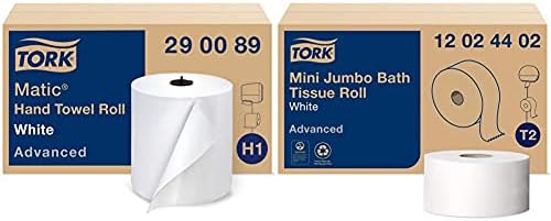 Tork Matic Paper Hand Towel Roll White H1 (6 Rolls) and Tork Mini Jumbo Toilet Paper Roll White T2 (12 Rolls)