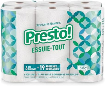 Amazon Brand - Presto! Flex-a-Size Paper Towels, 158 Sheet Huge roll, 6 Rolls, Equivalent to 19 Regular Rolls, White