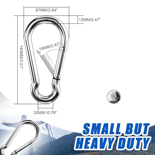 Large Carabiner Clip Hooks, 4pcs 5.5 inch Carabiners Heavy Duty, 304 Stainless Steel Spring Snap Hook Fits Camping Hanging Hiking Weight Lifting, Metal Clips for Rope or Chain