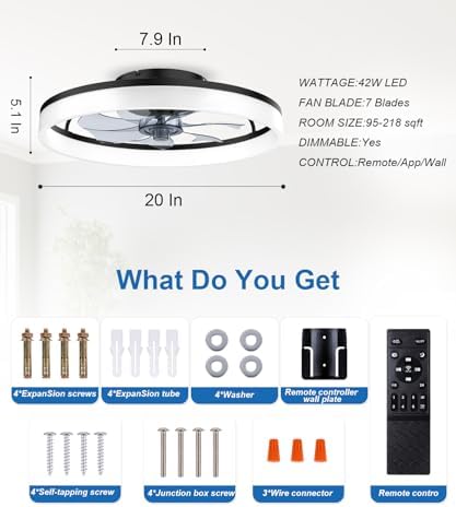 Ceiling Fans with Lights and Remote, 20" Modern Low Profile Ceiling Fan with Light, Stepless Color Temperature Change and 6 Speeds for Bedroom, Kids Room and Living Room (Black)