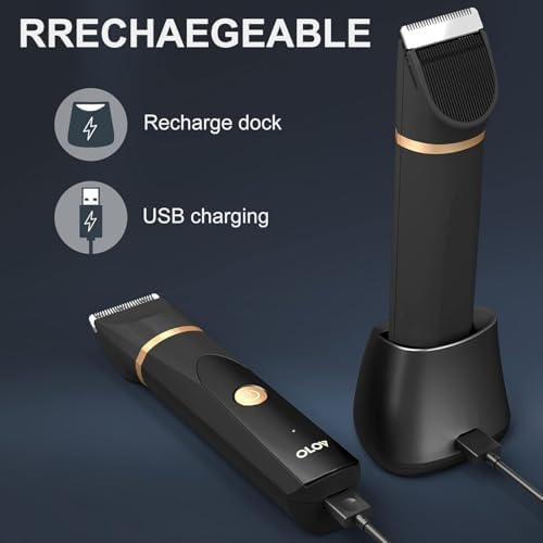 OLOV Electric Body Hair Trimmer - Groin Trimmer for Men - Bikini Trimmer Women - Wet/Dry Shaver Groomer, Replaceable Ceramic Blade Heads, USB Recharge Dock, Waterproof Hygiene Razor,Black