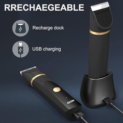 OLOV Electric Body Hair Trimmer - Groin Trimmer for Men - Bikini Trimmer Women - Wet/Dry Shaver Groomer, Replaceable Ceramic Blade Heads, USB Recharge Dock, Waterproof Hygiene Razor,Black