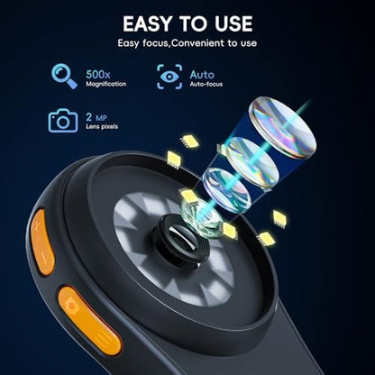 Handheld Digital Microscope for Kids Adults, SKYBASIC 500X Coin Microscopes Magnifying Glass, 2" Screen Portable Pocket Soldering Microscope Camera, Children Science Educational Fun Birthday Gift Toys