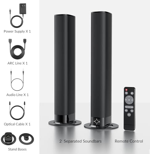 Sound Bar for Smart TV, Soundbar with Bluetooth/ARC/Opt/AUX Connect, Auto Volume Boost, 3 Equalizer Modes, 2 in 1 Detachable Soundbar for TV/PC/Gaming/Projectors
