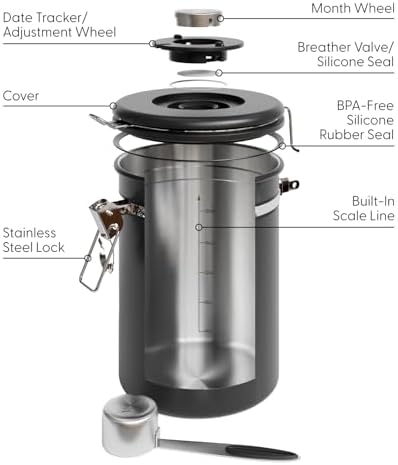 Veken Coffee Canister with Window,Airtight Stainless Steel Container,Home Kitchen Food Storage Organizers for Grounds,Beans,Espresso,Rice,Tea,Sugar,Flour, Cereal,Scoop,Bar Accessories,Gifts,22OZ,Black