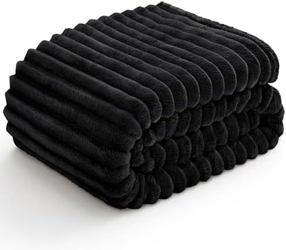BEDELITE Fleece Throw Blanket for Couch - 300GSM Soft & Warm Fluffy Black Blanket, Decorative and Giftable Striped Blankets for Women, Men, 50"x60"