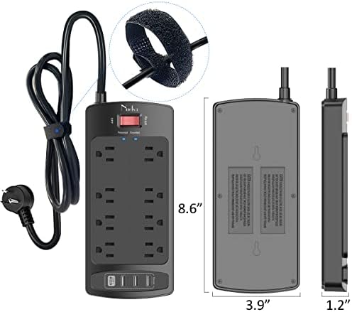 Surge Protector Power Strip - Nuetsa Flat Plug Extension Cord with 8 Outlets and 4 USB Ports, 6 Feet Power Cord (1625W/13A), 2700 Joules, ETL Listed, Black
