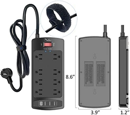 Surge Protector Power Strip - Nuetsa Flat Plug Extension Cord with 8 Outlets and 4 USB Ports, 6 Feet Power Cord (1625W/13A), 2700 Joules, ETL Listed, Black
